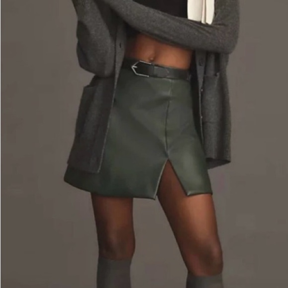 Anthropologie Faux Leather Dark Green Mini Skirt - Picture 3 of 12